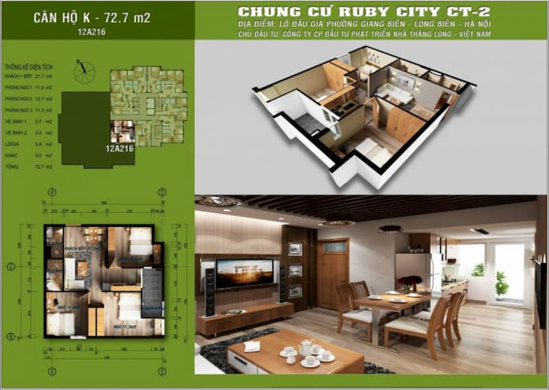 CĂN 2PN DIỆN TÍCH 72,7M2 chung cư Ruby City Ct2