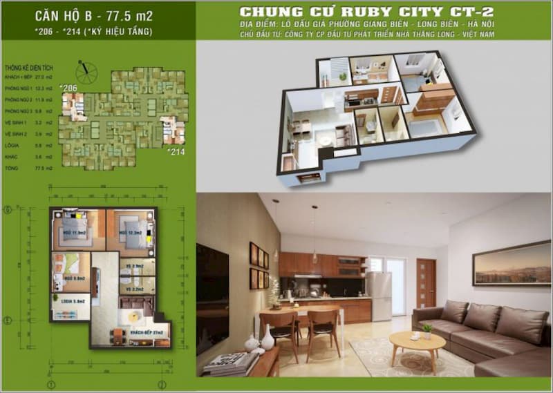 CĂN 3PN DIỆN TÍCH 77,5M2 chung cư Ruby City Ct2