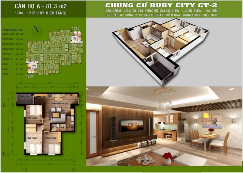 CĂN 3PN DIỆN TÍCH 81,3M2 chung cư Ruby City Ct2