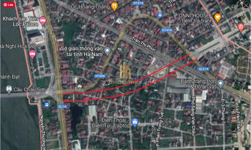   Đường nối QL 1A tới QL 21A trên bản đồ Google vệ tinh.