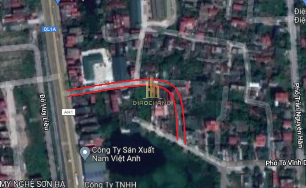 Đường nối QL 1A tới đường Tô Vĩnh Diện trên bản đồ Google vệ tinh.