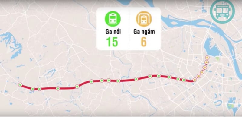 Tuyến Metro số 5 Hà Nội có tổng cộng 21 ga trong đó có 15 ga nổi và 6 ga ngầm.