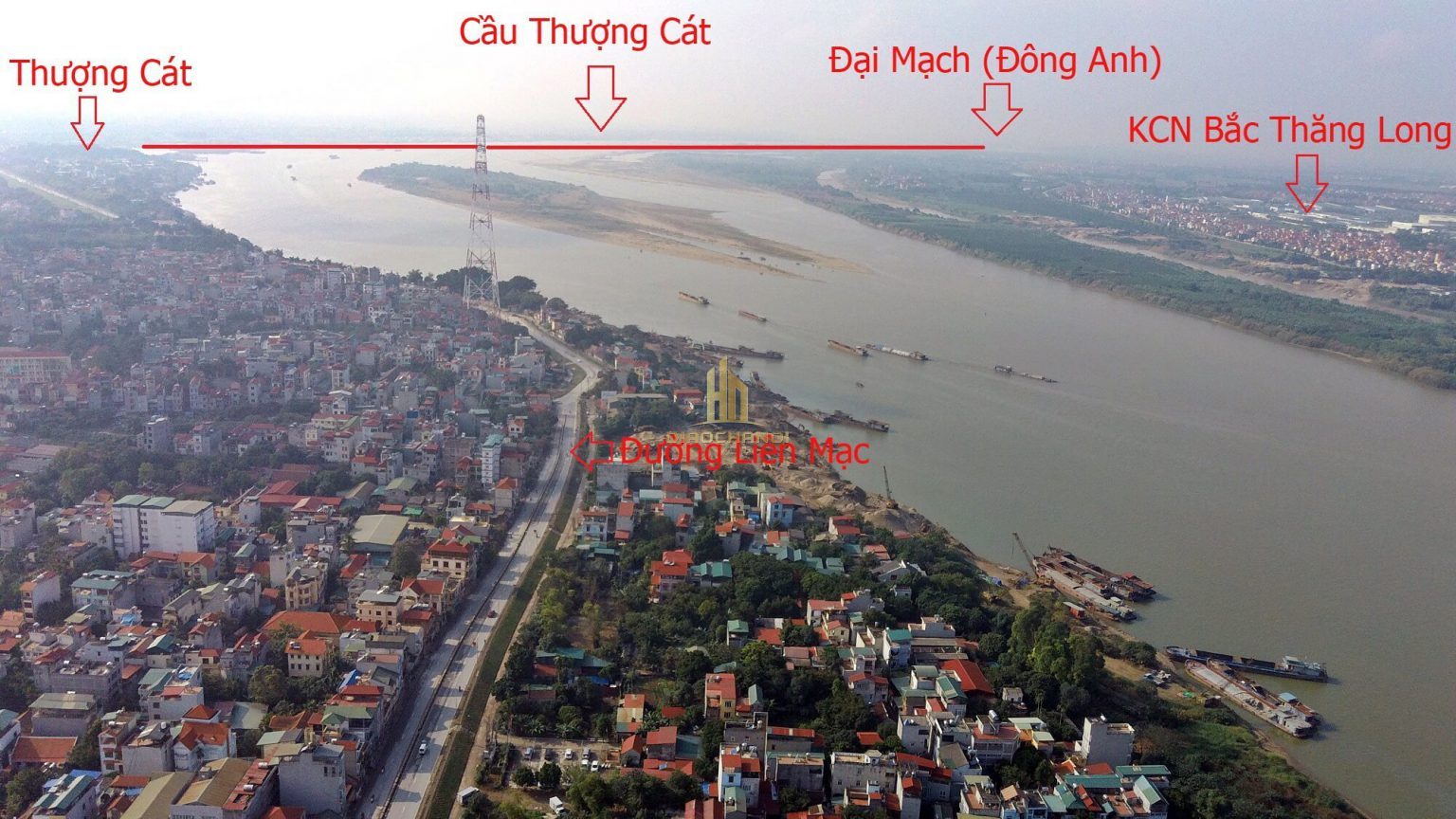 Vị trí cầu Thượng Cát nhìn từ cầu Thăng Long.