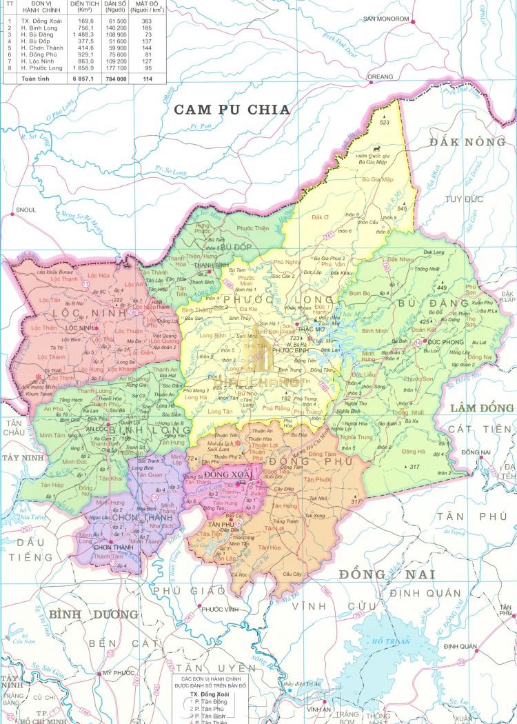 Bản đồ hành chính của tỉnh Bình Phước 