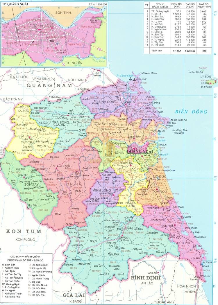 Bản đồ hành chính xác xã, huyện, thành phố tại tỉnh Quảng Ngãi