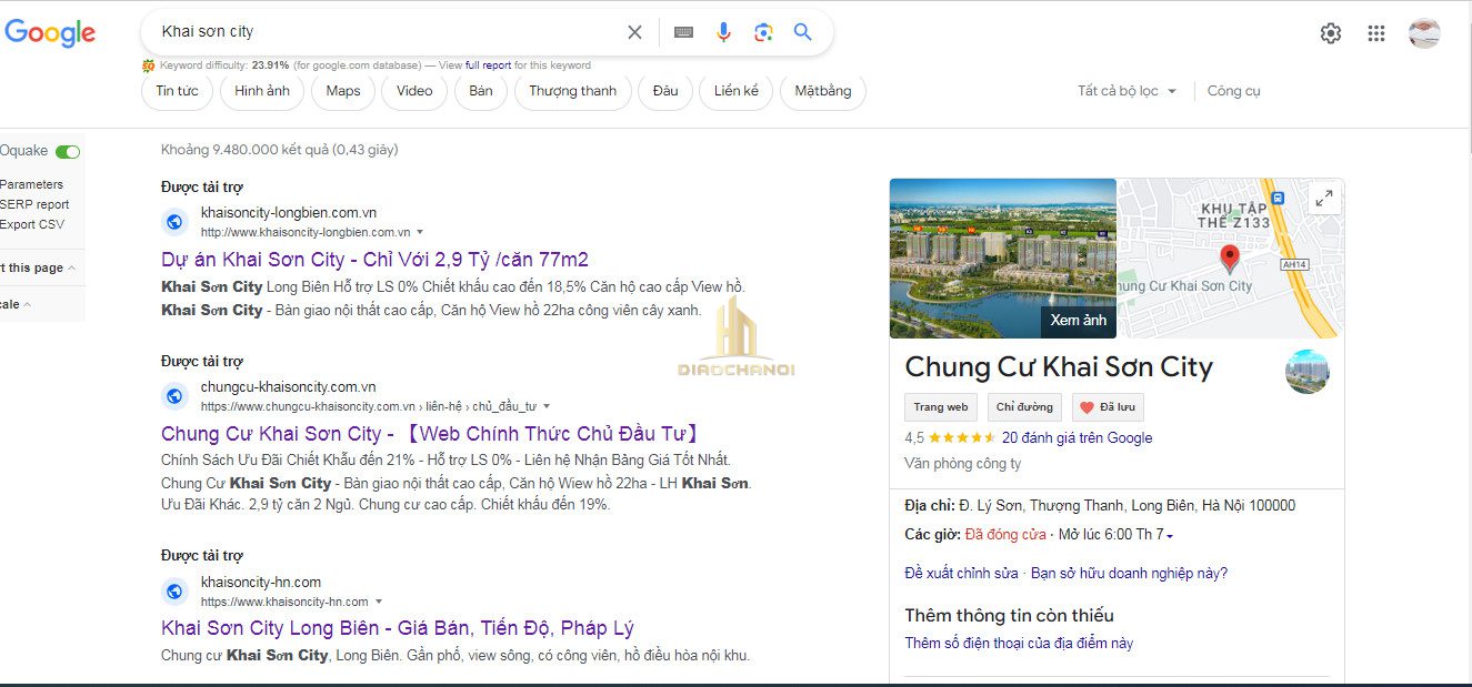 Địa điểm Google Map của từ khóa là Chung cư Khai Sơn City