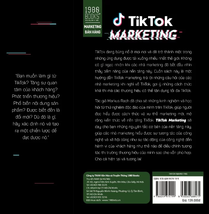 Review sách Tiktok Marketing giúp bạn hiểu rõ hơn về cách tiếp cận và tận dụng tiềm năng của nền tảng Tiktok trong việc quảng bá sản phẩm và xây dựng thương hiệu. Sách cung cấp những chiến lược và kỹ thuật hiệu quả để thu hút và tương tác với khách hàng trên Tiktok, đồng thời giúp bạn tạo nội dung sáng tạo và phù hợp với đối tượng khách hàng mục tiêu.