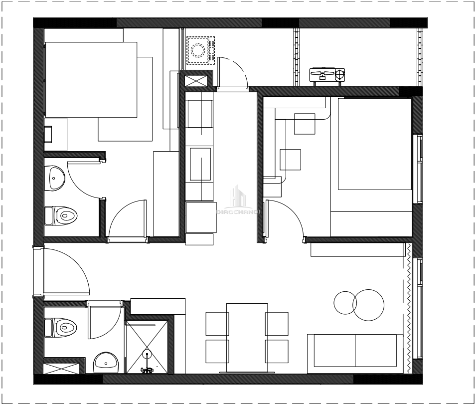 Mặt bằng căn hộ B: 57,1m² gồm: 1 phòng khách, 2 phòng ngủ, 2 WC